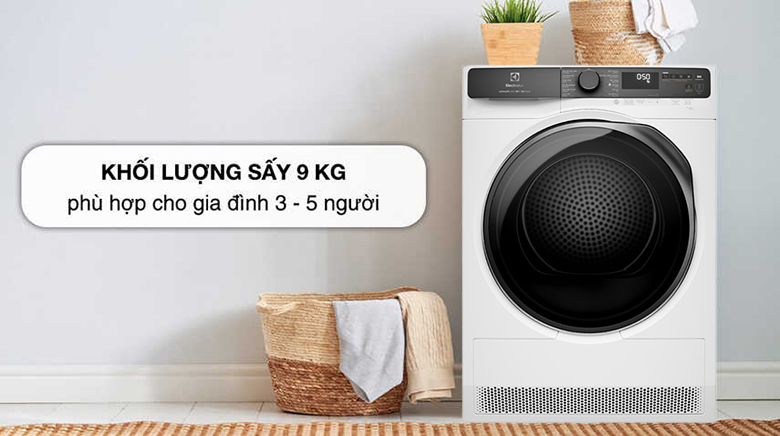 Máy sấy bơm nhiệt Electrolux 9 kg EDH903R7WC - Khối lượng sấy 9kg phù hợp cho gia đình từ 3-5 người
