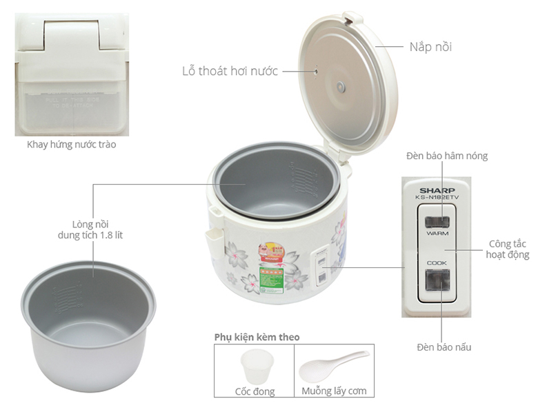 ảnh kích thước-Nồi cơm điện Sharp 1.8L KS-N182ETV 'SW'